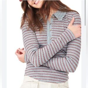 FREE PEOPLE Delilah Ribbed Henley Top Sz S Icy Blue Crochet Collar Knit Casual